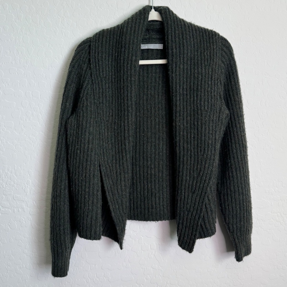 Vince‎ Oversize Shawl Collar Soft Plush-Wool-Blend Rib Knit Cardigan Green XS